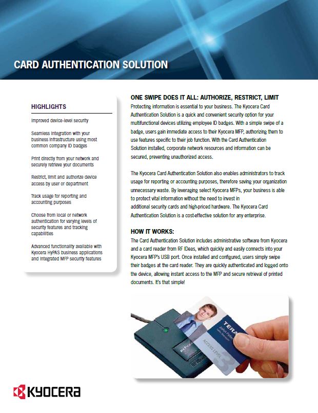 Kyocera Software Cost Control And Security Card Authentication Data Sheet Thumb, Alternative Business Concepts, Kyocera, Epson, Microsoft, VOIP, IT, Arcata, Samoa